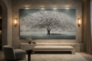 Tablou peisaj artistic cu arbore inflorit, decor contemporan pentru casa