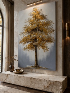 Tablou vertical cu copac auriu solitar, pictura decorativa pe panza stil modern
