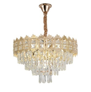 Candelabru elegant auriu cu cristale tip picătură, design în trepte pentru iluminat de lux