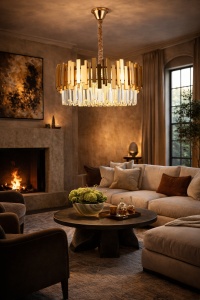 Candelabru modern auriu cu cristale transparente, design luxos suspendat