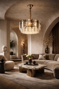 Candelabru auriu cu cristale moderne, design elegant și lumini decorative suspendate