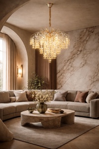 Candelabru modern cu picături cristaline aurii, ideal pentru a crea o lumină caldă și elegantă în living