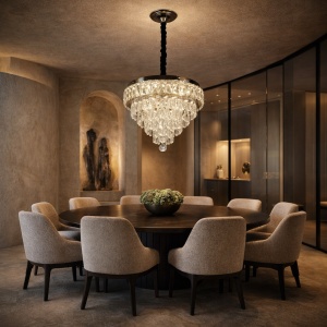 Candelabru modern cu cristale în formă de piramidă inversată, suspendat într-un living elegant
