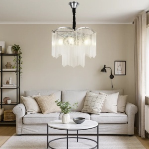 Candelabru mare cu cristale în cascadă, design luxos pentru living