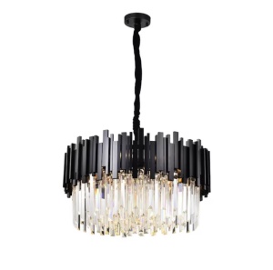 Lustră elegantă cu cristale și structură neagră, iluminat decorativ modern pentru dormitor