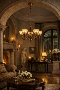 Candelabru clasic bronz cu 5 brațe și abajururi opal decorative, perfect pentru iluminat elegant în living sau dining