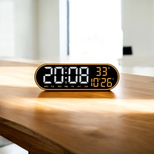Ceas digital cu afișaj LED, telecomandă, temperatură, dată și ziua săptămânii, montaj pe perete sau pe masă, design modern