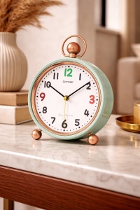 Ceas decorativ de masă cu stil minimalist și finisaj metalic