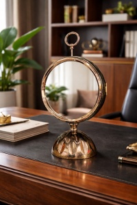 Ceas de masă elegant cu cadran alb, finisaj auriu și bază neagră decorativă