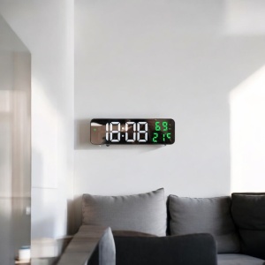 Ceas digital cu afișaj LED și ecran cu efect de oglindă, temperatură și umiditate, pentru masă sau perete, design modern