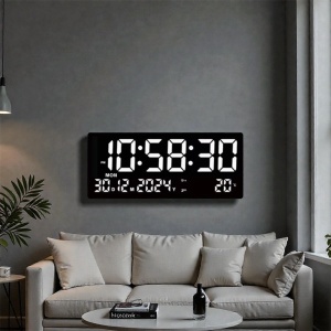 Ceas digital de birou cu afișaj LED mare, culoare alba, oră, dată și temperatură, design modern pentru interior