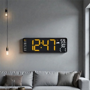Ceas digital de birou cu afișaj LED mare, culoare galbena, oră, dată și temperatură,umiditate design modern pentru interior