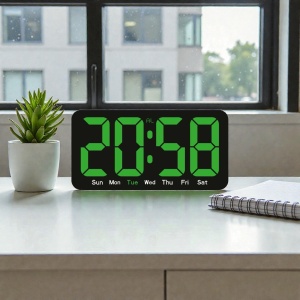 Ceas digital cu afișaj LED verde, ziua săptămânii și funcție alarmă, pentru perete sau masă, design modern.