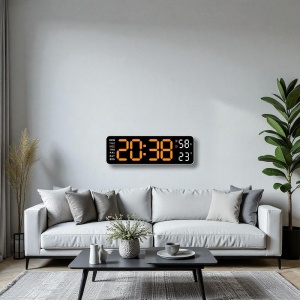 Ceas digital cu afișaj LED portocaliu, umiditate, temperatură și ziua săptămânii, pentru masă sau perete, design modern