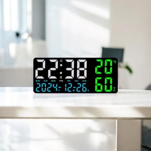 Ceas digital cu afișaj LED, lumină reglabilă în partea inferioară, telecomandă, dată, temperatură și umiditate, pentru perete sau masă