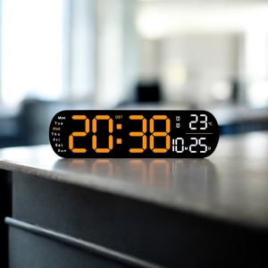 Ceas digital cu afișaj LED portocaliu, lumină reglabilă în partea inferioară, telecomandă, temperatură și dată, pentru perete sau masă