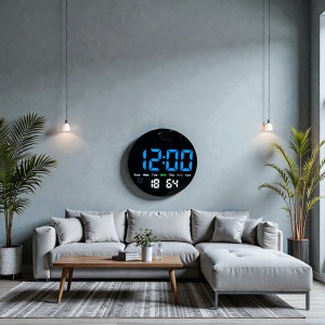 Ceas digital rotund cu afișaj LED albastru, temperatură, umiditate și ziua săptămânii, design modern pentru interior.