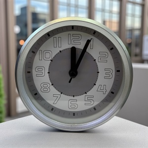 Ceas de masă analogic rotund cu ramă gri metalizat și cadran alb, ideal pentru birou sau dormitor