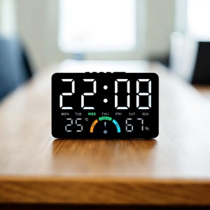 Ceas digital cu afișaj LED alb, temperatură, umiditate, ziua săptămânii și funcție alarmă, design modern pentru interior