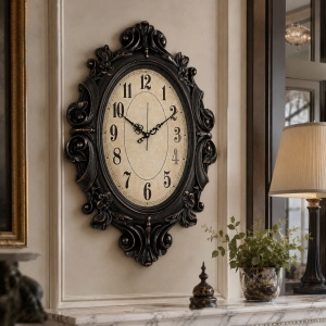 Ceas de perete vintage negru cu rama ornamentala si design clasic elegant