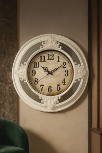 Ceas de perete vintage alb cu ramă sculptată și oglindă laterală