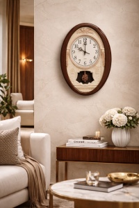 Ceas de perete oval vintage cu pendul decorativ, design clasic cu cadran mare și detalii elegante pentru decor interior