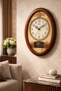 Ceas de perete oval cu design clasic, cifre arabe mari și elemente decorative în relief