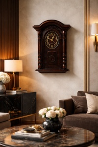 Ceas de perete retro , design tradițional cu coloane sculptate și pendul ornamental, perfect pentru interioare elegante și rustice.
