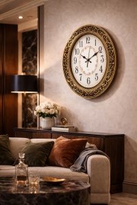 Ceas de perete oval cu design ornamental, cifre clasice și ramă decorativă elegantă