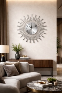 Ceas de perete decorativ cu design radial tip raze, cifre arabe negre și elemente strălucitoare dispuse circular