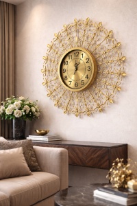 Ceas decorativ perete cu flori metalice aurii