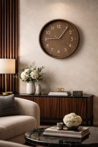 Ceas de perete modern rotund cu cadran maro și cifre albe, design minimalist pentru decor interior
