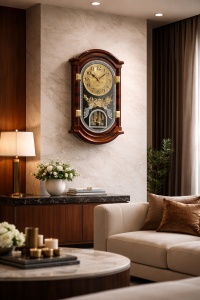 Ceas de perete decorativ clasic cu design elegant, cifre mari și elemente ornamentale, stil tradițional