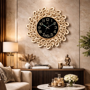 Ceas de perete decorativ negru cu rama aurie si model floral abstract