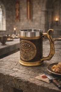 Cana decorativa medievala cu simbol Arborele Vietii, model vintage auriu bronz
