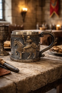 Halba medievala cu cavaler pe cal cana decorativa stil medieval