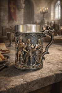 Cana decorativa medievala cu cavaleri in armura si scuturi, model templier vintage