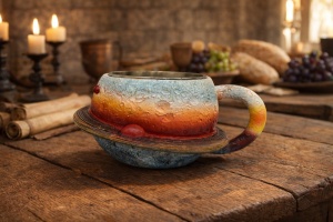 Ceasca decorativa model planeta Saturn, cana ceramica multicolora cu farfurie incorporata