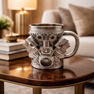 Cana decorativa model motor V8 argintiu, cana tematica auto cu design 3D