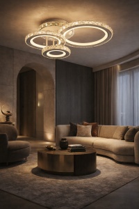 Lustră LED modernă cu cercuri cristaline și iluminare caldă, ideală pentru living sau dormitor