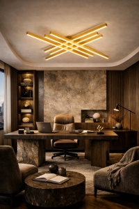 Lustră LED modernă cu bare luminoase suprapuse, design minimalist ideal pentru livinguri contemporane