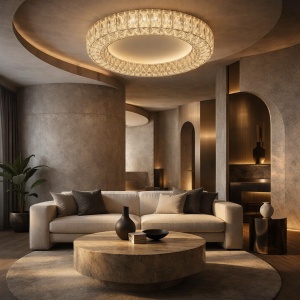 Plafonieră LED rotundă cu cristale, iluminat cald, instalată într-un living modern minimalist