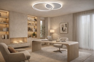 Lustră LED modernă cu design în cercuri împletite, ideală pentru dormitoare și livinguri elegante, oferind lumină uniformă și un aspect minimalist