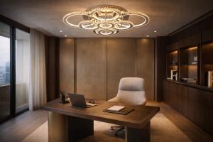 Lustra LED elegantă cu inele iluminante și efect strălucitor, perfectă pentru un ambient modern și rafinat