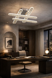 Lustră LED modernă cu bare luminoase și cristale acrilice, perfectă pentru un decor elegant și iluminat uniform în living sau dormitor