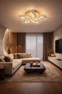 Lustră LED în formă de floare cu design modern și lumină caldă, perfectă pentru un living elegant și minimalist
