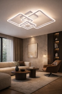Lustră LED modernă cu forme pătrate suprapuse și contururi luminoase albe, într-un design geometric minimalist