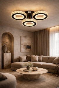 Lustră LED modernă cu trei cercuri luminoase și cristal acrilic, ideală pentru iluminat elegant în living sau dormitor