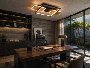 Lustră LED modernă cu design geometric din dreptunghiuri suprapuse, în finisaj negru și auriu, cu iluminare integrată