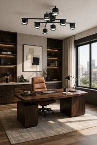 Plafonieră LED modernă cu spoturi direcționabile, design negru mat și accente circulare luminoase